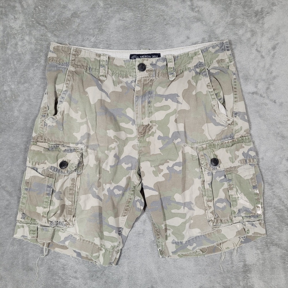 American Eagle Cargo Shorts Mens 34 Green Camo Distressed Skater Grunge Y2K